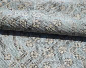 Tappeto di lana annodato a mano 8 x 10 piedi / Tappeto in stile Oushak blu fatto a mano / Tappeti di lana di ispirazione vintage / Tappeto per soggiorno boho neutro