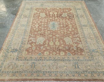 Tappeto in lana Oushak annodato a mano, 8x10, 10 x 14 piedi, tappeti tradizionali in terracotta rossa e beige, dimensioni da palazzo, autentico tappeto di design turco