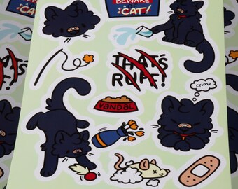 Mischievous Evil Black Cat A5 Sticker Sheet - Vandal the Cat | Durable | Eco-Friendly Stickers | Zero-Plastic | UV Resistant | THAT’S RUFF