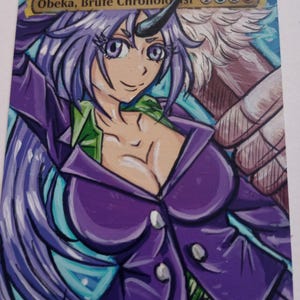 May include: A purple and green illustrated card with the text "Obeka, Brute Chronologist 1UU2" and "3/4". The card features a woman with purple hair and a horn, wearing a purple jacket and green shirt.