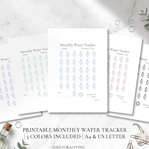 Puede incluir: Cinco hojas imprimibles de seguimiento mensual de agua con un diseño de hojas. Cada hoja presenta el texto Monthly Water Tracker, Month, 8 Glasses / Day, Notes y Monthly Total Glasses. Los rastreadores son de color morado, turquesa, azul, rosa y negro.