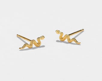 May include: A pair of gold-colored snake stud earrings. Each earring features a detailed, textured snake design with a post backing. The earrings are set against a plain white background.