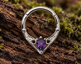 Pode incluir: Um anel de septo circular em tom prateado com um segmento decorativo em forma de V na parte inferior. O centro da forma em V apresenta uma pedra preciosa roxa em forma de pera, ladeada por dois pequenos recortes circulares.