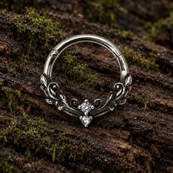 Septumring aus oxidiertem Silber mit floralem Zirkonia-Verschluss, kunstvoll verzierter Vintage-Nasenring aus 925er Sterlingsilber, zierlicher Septumschmuck, 16 g, 10 mm