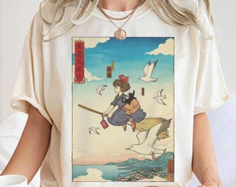Camiseta vintage de "Servicio de Entregas de Kiki", sudadera, sudadera con capucha, regalo de Studio Ghibli, camiseta para amantes del anime ukiyo-e, ropa de calle japonesa para niños pequeños