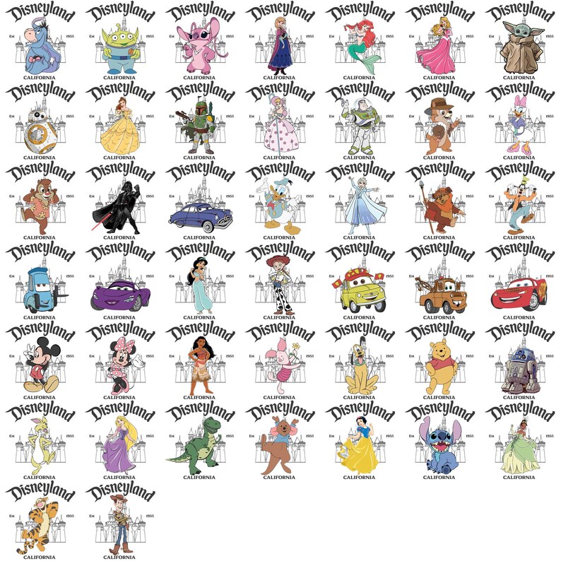 May include: A collection of Disneyland California logo designs featuring various Disney characters. Each design includes the Disneyland logo and a character illustration, such as Mickey Mouse, Elsa, and Stitch, in a repeating pattern.