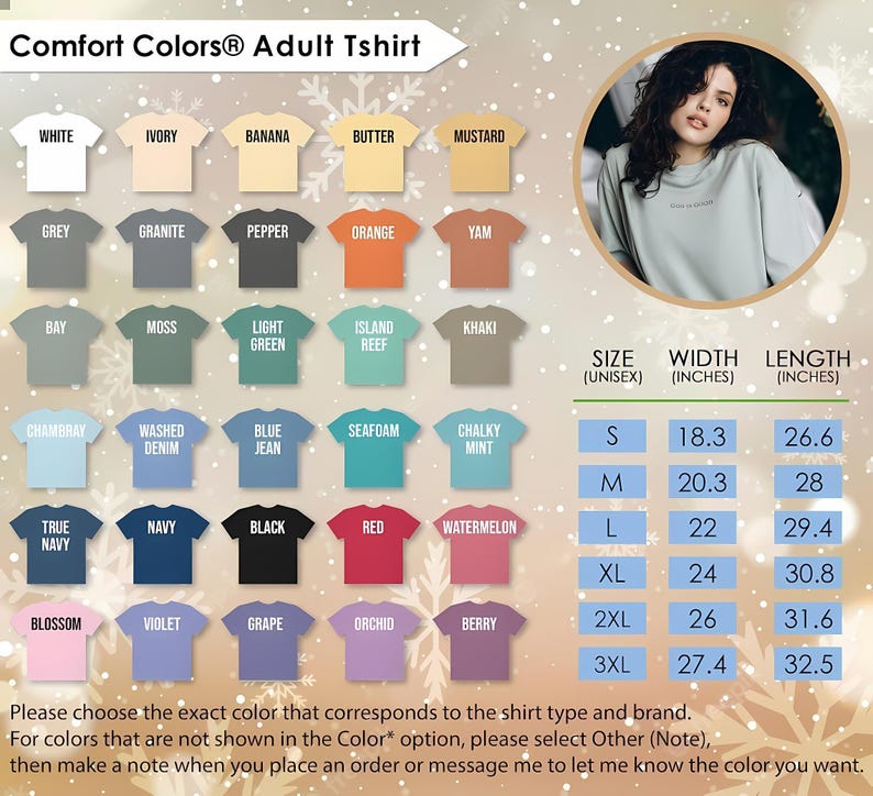 Puede incluir: Una selecci&oacute;n de camisetas para adultos Comfort Colors en varios colores, incluyendo blanco, gris y azul. La imagen muestra una tabla de colores con informaci&oacute;n de tallas en pulgadas. Una mujer lleva una camiseta verde claro en una imagen circular.