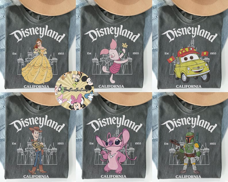 May include: A collection of gray t-shirts featuring Disneyland graphics. Each shirt displays a different character, including Belle, Piglet, Mater, Woody, Stitch, and Boba Fett. The Disneyland logo and "California" are printed on each shirt.