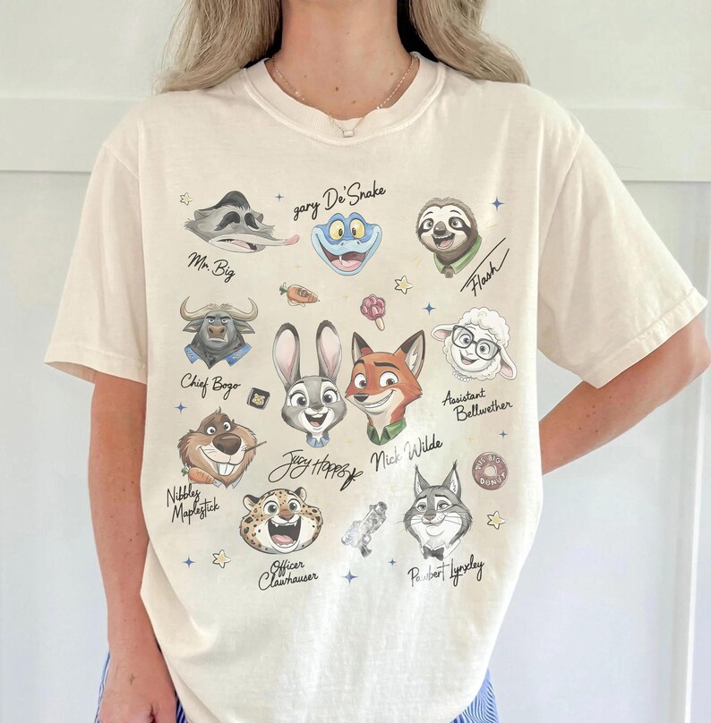 Disney Zootopia Characters Signature sketch Shirt, Zootropolis Judy Hopps Nick Gary Nibbles Bogo Shirt, Disneyland Family Matching Tee image 2