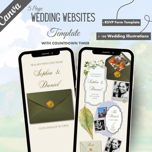 Sage Green Wedding Website Template: Interactive Envelope, Countdown Timer with RSVP, Editable Canva Design