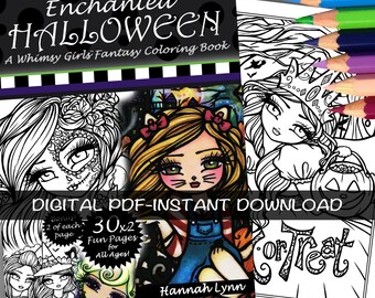 PDF DIGITAL Printable Coloring Book Enchanted Halloween Whimsy Girls All Ages Fantasy Mermaid Fairy Art By Hannah Lynn