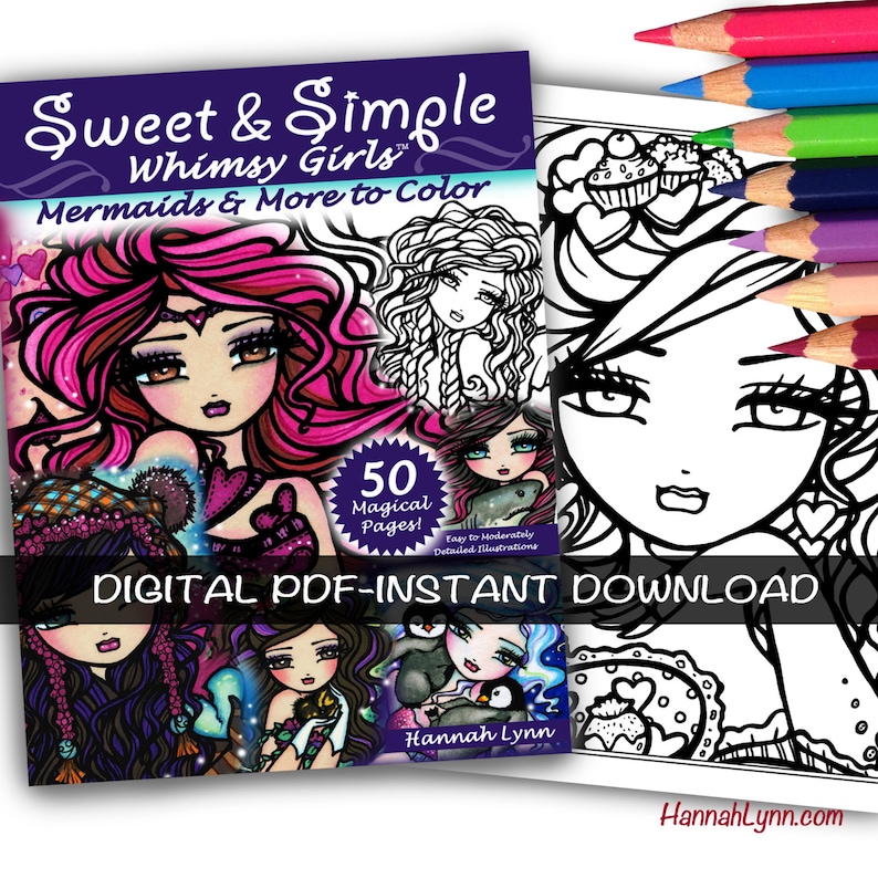 K&ouml;nnte beinhalten: Ein digitaler Download von 50 Malvorlagen mit fantasievollen M&auml;dchen, Meerjungfrauen und anderen magischen Kreaturen. Das Cover zeigt eine Meerjungfrau mit pinken Haaren, einer herzf&ouml;rmigen Halskette und einer Krone. Der Text "Sweet & Simple Whimsy Girls Mermaids & More to Color" ist auf dem Cover abgebildet.