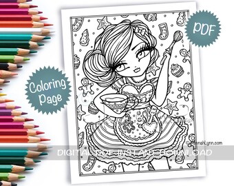 Holiday Baking Christmas Girl Coloring Page PDF Download Winter Sweets Treats Printable Big Eye Hand Drawn Whimsy Girls Line Art Hannah Lynn