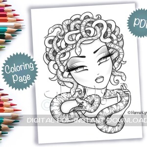 Grayscale Medusa Snake Lady Fantasy Coloring Page PDF Download Printable Big Eye Hand Drawn Whimsy Girls Art Hannah Lynn