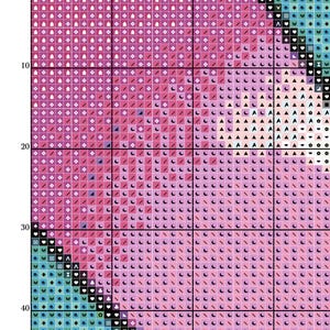 May include: A cross-stitch pattern labelled "Groovy Girl" with a vibrant design. The pattern uses pink and purple hues, incorporating symbols like hearts, triangles, and moons. The grid is marked with numbers, offering a guide for stitching.
