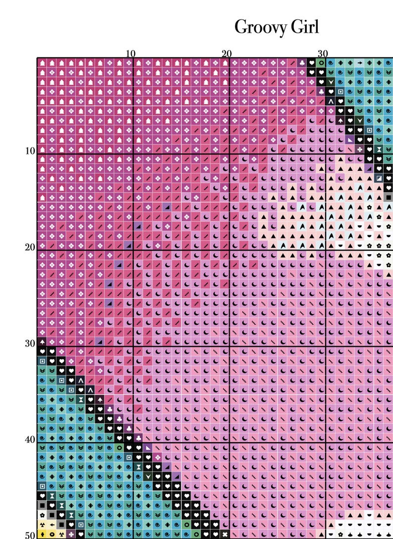 May include: A cross-stitch pattern labelled "Groovy Girl" with a vibrant design. The pattern uses pink and purple hues, incorporating symbols like hearts, triangles, and moons. The grid is marked with numbers, offering a guide for stitching.