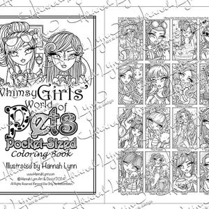 May include: A black and white coloring book featuring whimsical girls and their pets. The cover features two girls with large eyes and elaborate hairstyles. The title of the book is "Whimsy Girls' World of Pets Pocket-Sized Coloring Book" and is illustrated by Hannah Lynn.