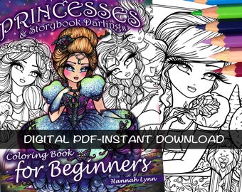 PDF DIGITAL Printable Coloring Book Fairy Tale Princesses & Storybook Darlings for BEGINNERS All Ages Fantasy Fairy Art by Hannah Lynn
