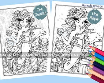 Jewel of the Sea Mermaid Coloring Page Set Delfin Octopus Meeresschildkröte Whimsy Girls Line Art Printable Download PDF Hannah Lynn