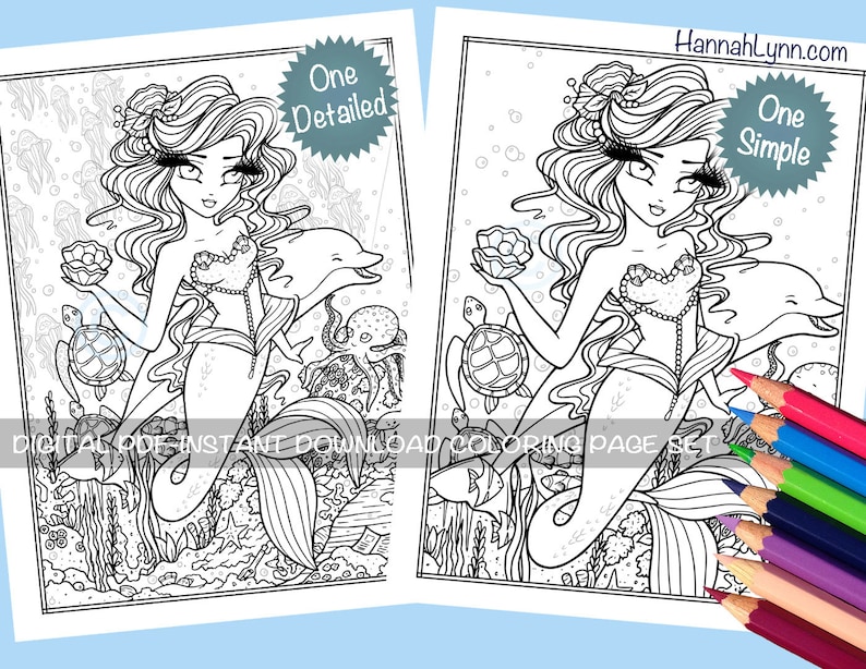 May include: Two black and white coloring pages featuring a mermaid with long flowing hair, a dolphin, a turtle, and an octopus. The text "One Detailed" and "One Simple" is included on the pages.