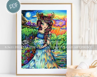 Mother Earth Nature Fantasy Art Print PDF Download Printable Big Eye Whimsy Girls by Hannah Lynn for Studio Nursery Kids Craft Room