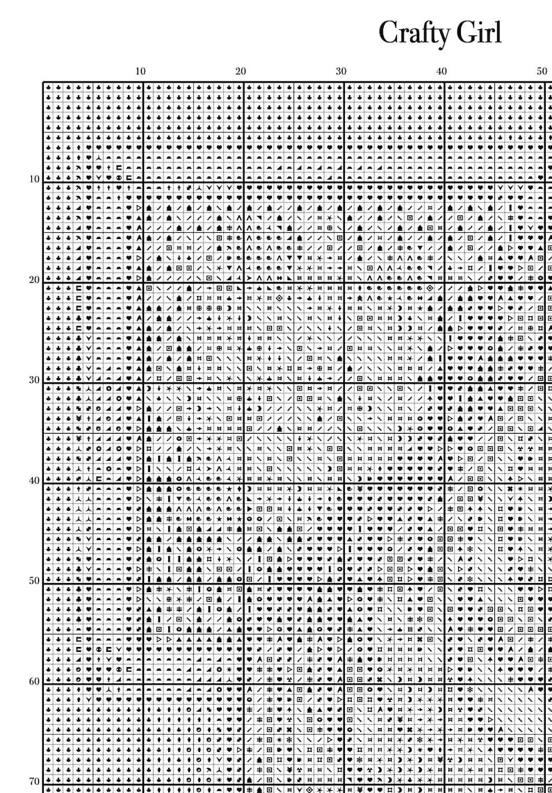 May include: A cross-stitch pattern chart with a grid of squares filled with various symbols. The text "Crafty Girl" is at the top. The chart is designed for needlecraft projects, offering a guide for creating detailed designs.
