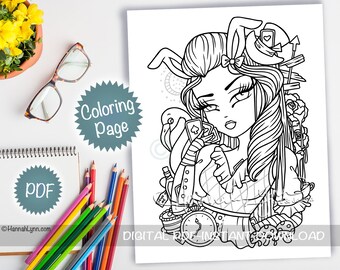 Poker Alice in Wonderland Coloring Page PDF Download Printable Big Eye Hand Drawn Whimsy Girls Line Art Hannah Lynn