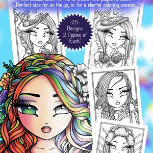 May include: A coloring book cover featuring four whimsical girls with colorful hair and intricate details. The cover includes the title "Whimsy Girls" and the text "25 Designs, 2 Copies of Each!"
