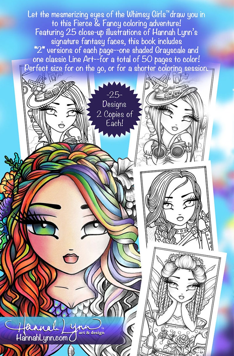 May include: A coloring book cover featuring four whimsical girls with colorful hair and intricate details. The cover includes the title "Whimsy Girls" and the text "25 Designs, 2 Copies of Each!"