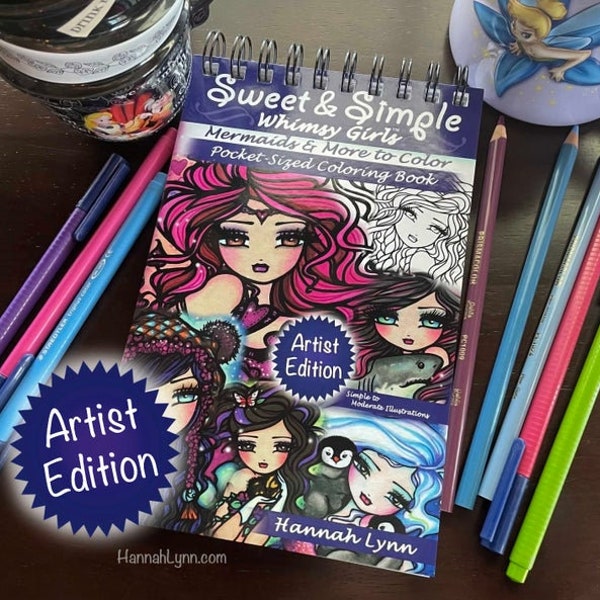Wire Bound Sweet & Simple Artist Edition Quality Spiral Pocket Size Coloring Book Adult Kids Fantasy Mermaid Art Hannah Lynn Markers Pencils