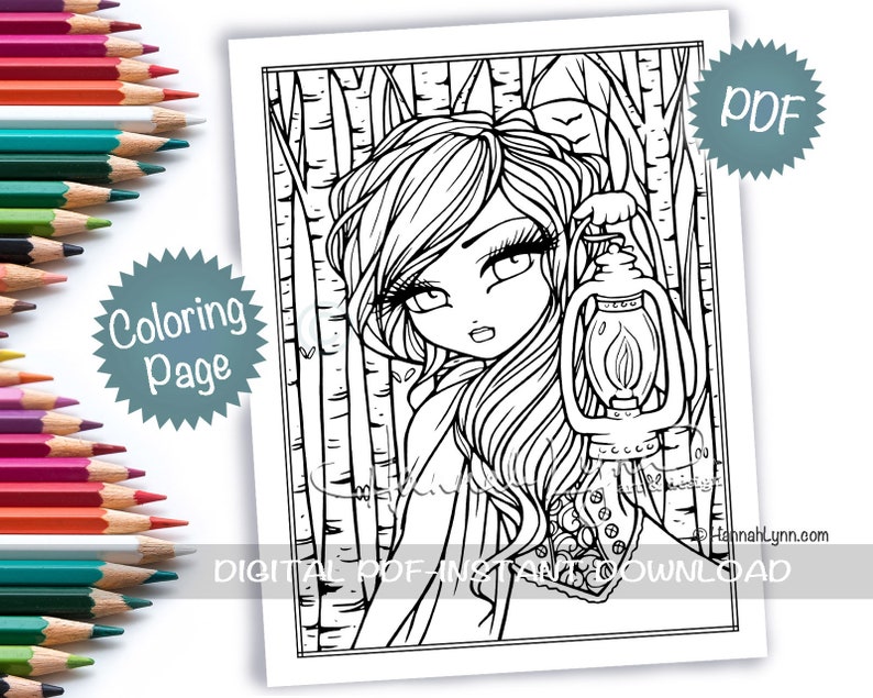 K&ouml;nnte beinhalten: Schwarz-wei&szlig;es Line-Art-Malbuch mit einem M&auml;dchen mit langen Haaren, das eine Laterne in einem Wald h&auml;lt. Der Text "DIGITAL PDF INSTANT DOWNLOAD" befindet sich am unteren Rand der Seite.