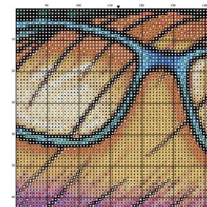 May include: A cross-stitch pattern featuring a butterfly design with a gradient of colors. The pattern includes shades of orange, yellow, purple, and blue, with the text "Coloring Afternoon" at the top. The design is composed of small, colored squares.