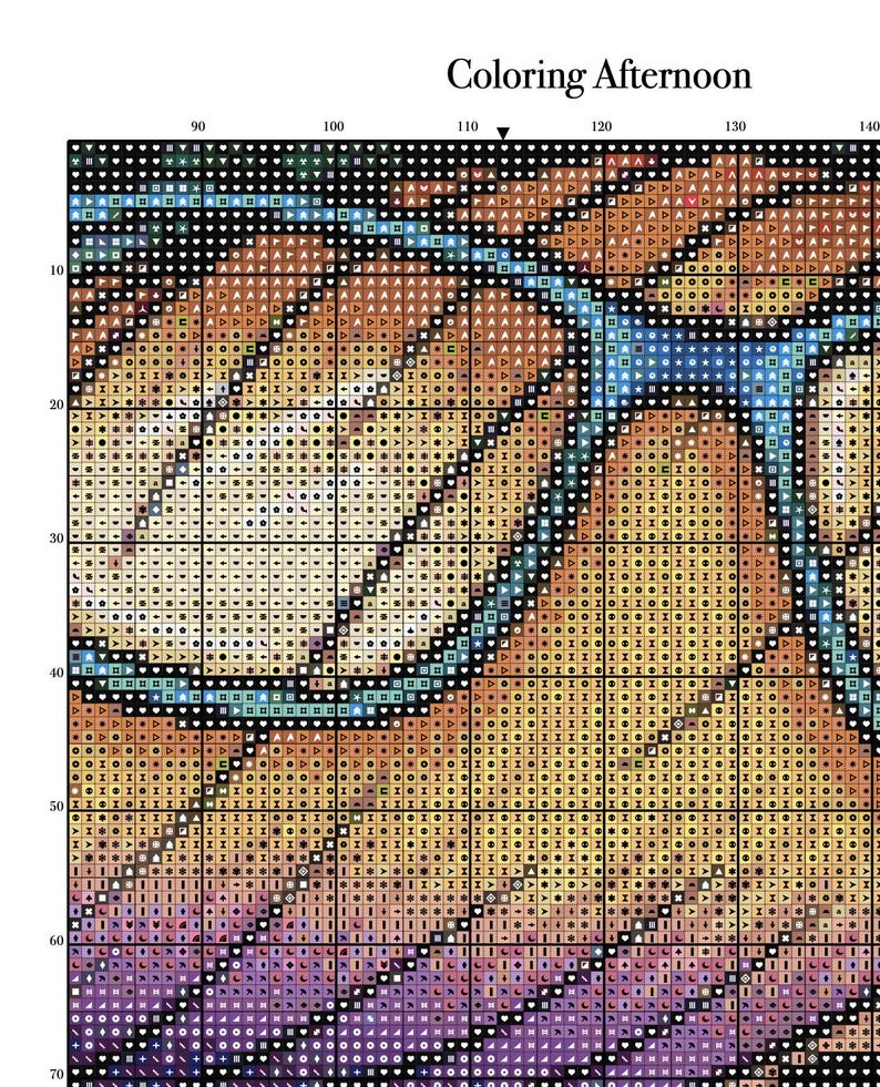 May include: A cross-stitch pattern featuring a butterfly design with a gradient of colors. The pattern includes shades of orange, yellow, purple, and blue, with the text "Coloring Afternoon" at the top. The design is composed of small, colored squares.