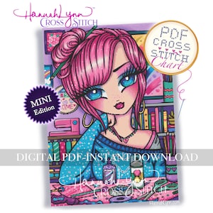May include: A cross-stitch chart featuring a cartoon illustration of a woman with pink hair and blue eyes. The image includes the text "PDF Cross Stitch Chart" and "Mini Edition". The design is a digital PDF instant download.