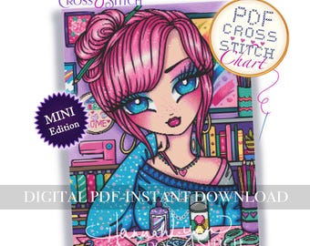 Mini Crafty Girl CROSS STITCH PDF Chart Download Printable Pattern Whimsy Girls Art Hannah Lynn