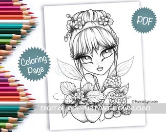 Grayscale Berry Fairy Girl Strawberry Fruit Coloring Page PDF Download Printable Big Eye Hand Drawn Whimsy Girls Art Hannah Lynn