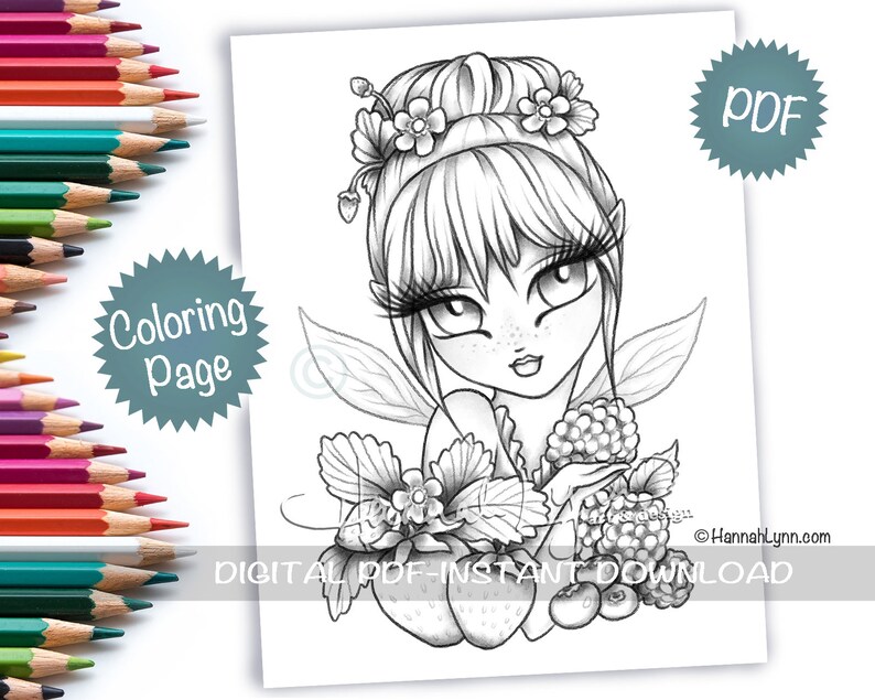 May include: A black and white coloring page featuring a fairy with long hair, wearing a flower crown and holding a bouquet of berries. The fairy has large eyes and a sweet expression. The image is perfect for adults and children who enjoy coloring.