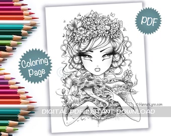 Grayscale Mother Nature Mystical Celestial Fantasy Coloring Page PDF Download Printable Big Eye Hand Drawn Whimsy Girls Art Hannah Lynn