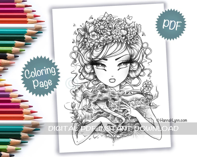 May include: Black and white line art coloring page featuring a woman with a floral crown and a detailed design of nature surrounding her. The text "DIGITAL PDF INSTANT DOWNLOAD" is at the bottom of the page.