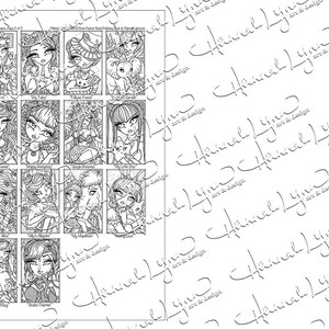 May include: A black and white coloring book page featuring 16 different illustrations of girls with various animal and nature themes. Each illustration is framed in a square with a title below. The titles include "Dog Mom", "The Tiger", "Fallen Forest", "Little Star", "Royal Friends", "Happy Halloween", "Angelic Princess", "My Dragon", "Underwater Dream", "My Sister", "My Unicorn", "Sleepy Cat", "Mermaid Mary", "Snow Queen", "The Witch", and "The Fairy".