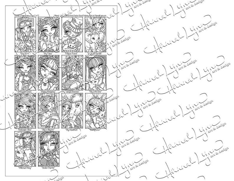 May include: A black and white coloring book page featuring 16 different illustrations of girls with various animal and nature themes. Each illustration is framed in a square with a title below. The titles include "Dog Mom", "The Tiger", "Fallen Forest", "Little Star", "Royal Friends", "Happy Halloween", "Angelic Princess", "My Dragon", "Underwater Dream", "My Sister", "My Unicorn", "Sleepy Cat", "Mermaid Mary", "Snow Queen", "The Witch", and "The Fairy".