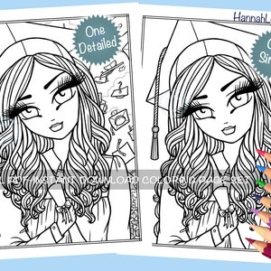 Graduation Day Coloring Page Set Graduate Adorable Celebration Whimsy Girl Cap & Gown Character Line Art PDF Download Printable Hannah Lynn