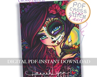 Dia De Los Muertos CROSS STITCH PDF Chart Download Printable Pattern Whimsy Girls Art Hannah Lynn