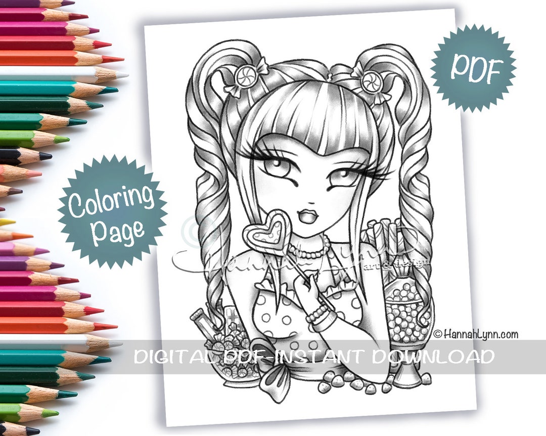 Grayscale Candy Girl Coloring Page PDF Download Printable Big Eye Hand