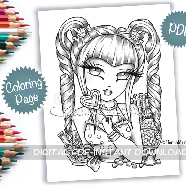 Grayscale Candy Girl Coloring Page PDF Download Printable Big Eye Hand Drawn Whimsy Girls Art Hannah Lynn