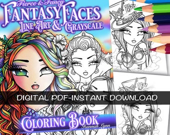 PDF DIGITAL Fierce & Fancy Fantasy Faces Line Art und Graustufen-Malbuch Hannah Lynn druckbare Malvorlagen herunterladen