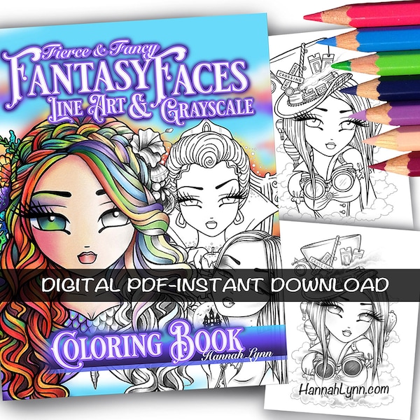 PDF DIGITAL Fierce & Fancy Fantasy Faces Line Art und Graustufen-Malbuch Hannah Lynn druckbare Malvorlagen herunterladen