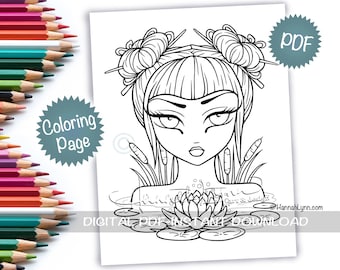 Lotus Flower Mermaid Asian Pond Water Nymph Coloring Page PDF Download Printable Big Eye Hand Drawn Whimsy Girls Line Art Hannah Lynn