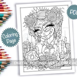 Sugar Skull Mädchen Day of the Dead Ofrenda Coloring Page PDF Download Halloween Printable Big Eye Hand Drawn Whimsy Girls Line Art Hannah Lynn