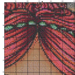 Peut inclure: Motif de point de croix d'un visage avec le texte "Grecian Beauty" en haut. Le visage est rendu dans des tons de rouge, de rose et d'orange, avec des yeux verts et un teint h&acirc;l&eacute;. Le motif est compos&eacute; de petits carr&eacute;s.